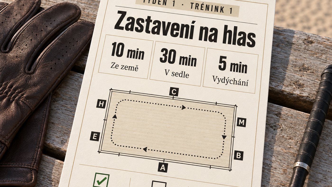 Jedna tréninková karta: tři části s minutami, nákres jízdárny a tři políčka